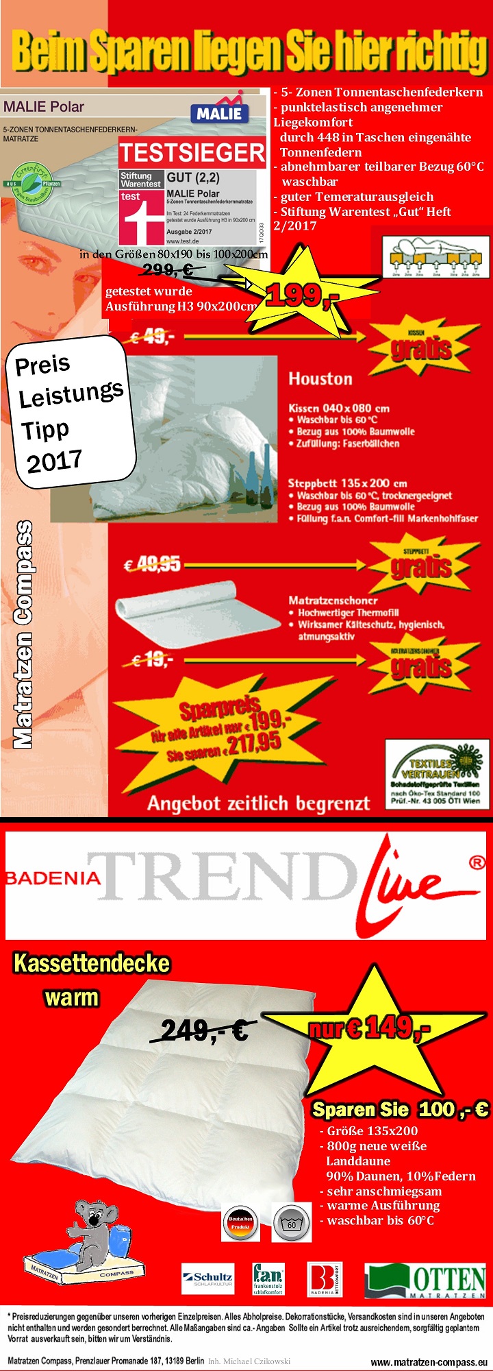 Werbung Oktober 2017, Testsieger Matratze, Warentest Matratze, getestete Matratze,Kopfkissen, Daunendecke Angebot, Matratzen Set Angebot, Sparset Matratze